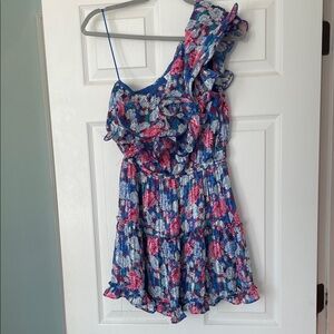 TCEC Blue and Pink Floral One Shoulder Dress S